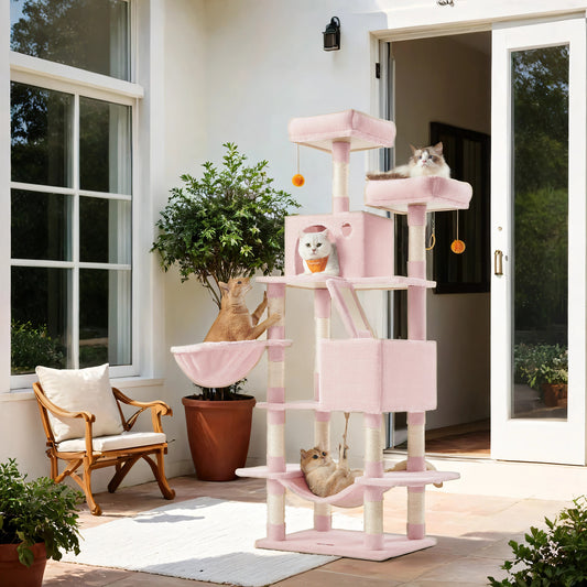 Multi-Level Cat Tree Tower with 13 Scratching Posts, 2 Perches & Caves, Hammock, Basket & Pompoms - Plush Indoor Cat Condo, Jelly Pink