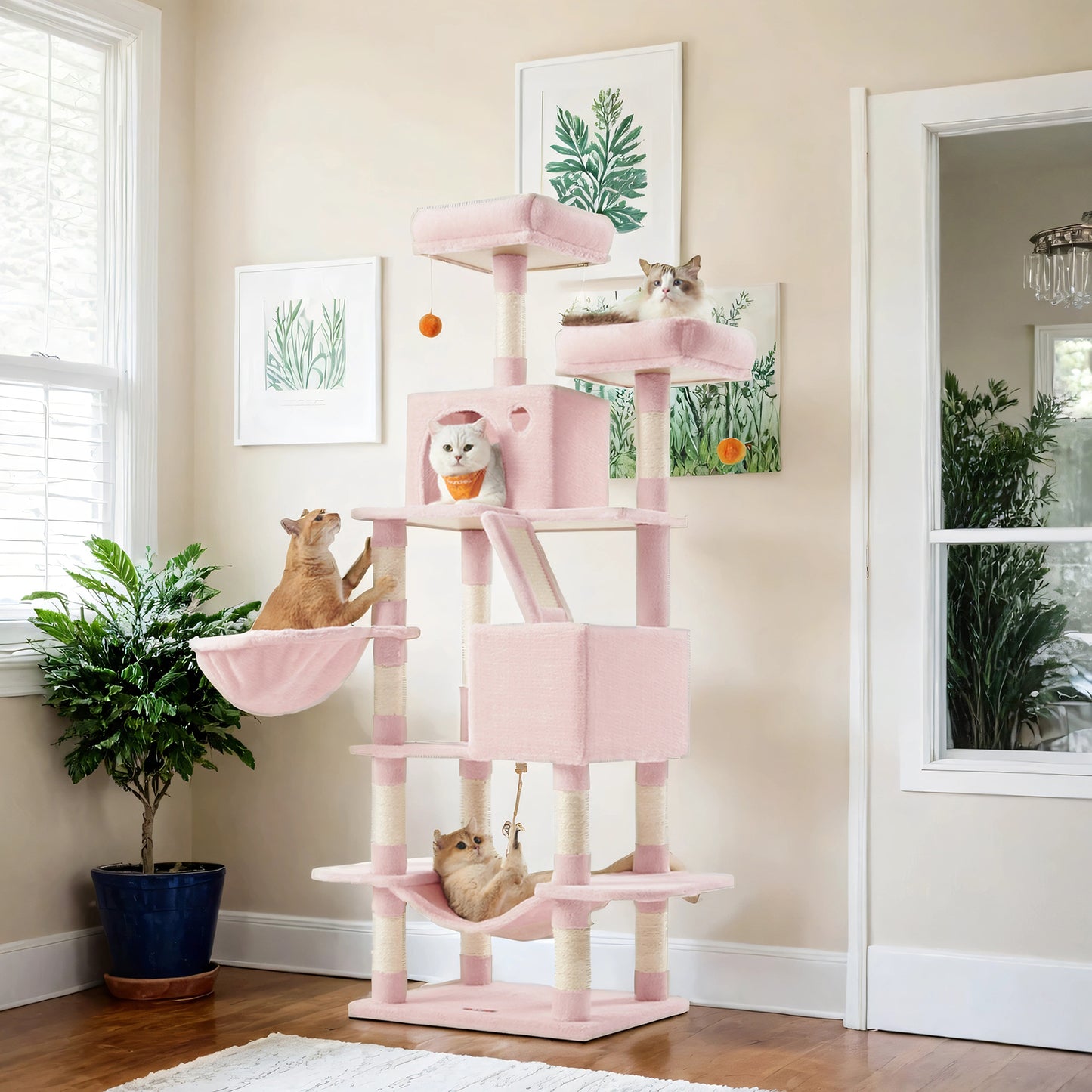 Multi-Level Cat Tree Tower with 13 Scratching Posts, 2 Perches & Caves, Hammock, Basket & Pompoms - Plush Indoor Cat Condo, Jelly Pink