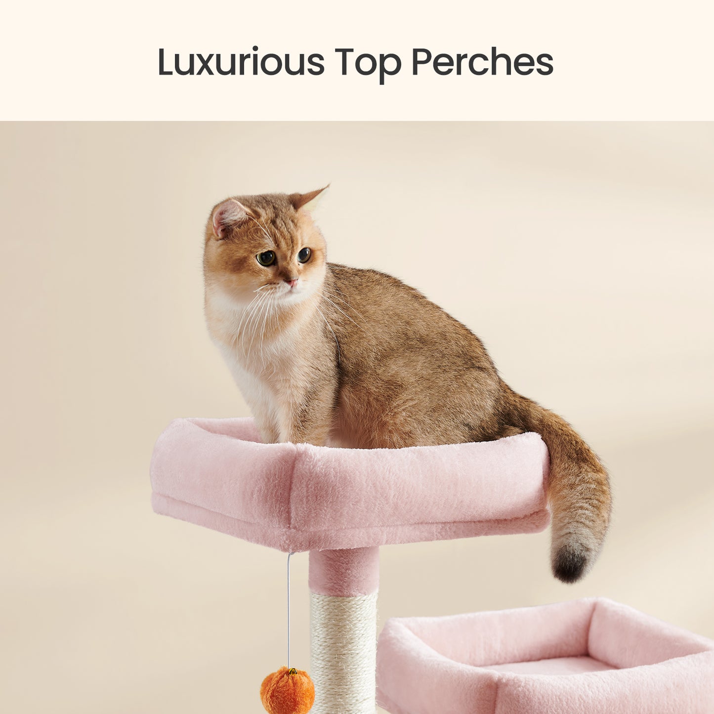 Multi-Level Cat Tree Tower with 13 Scratching Posts, 2 Perches & Caves, Hammock, Basket & Pompoms - Plush Indoor Cat Condo, Jelly Pink