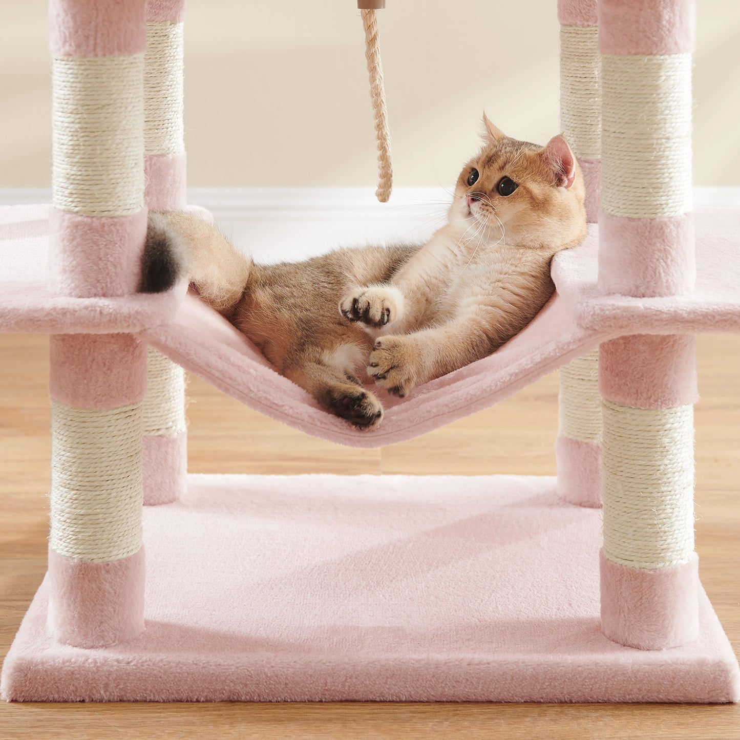Multi-Level Cat Tree Tower with 13 Scratching Posts, 2 Perches & Caves, Hammock, Basket & Pompoms - Plush Indoor Cat Condo, Jelly Pink