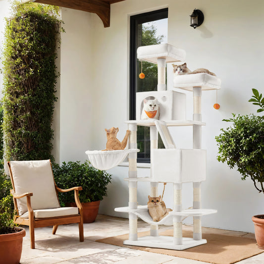 66.1-Inch Multi-Level Cat Tree Tower with 2 Perches, 2 Caves, Hammock & 13 Scratching Posts – Plush Climbing Condo for Indoor Cats, Cream White