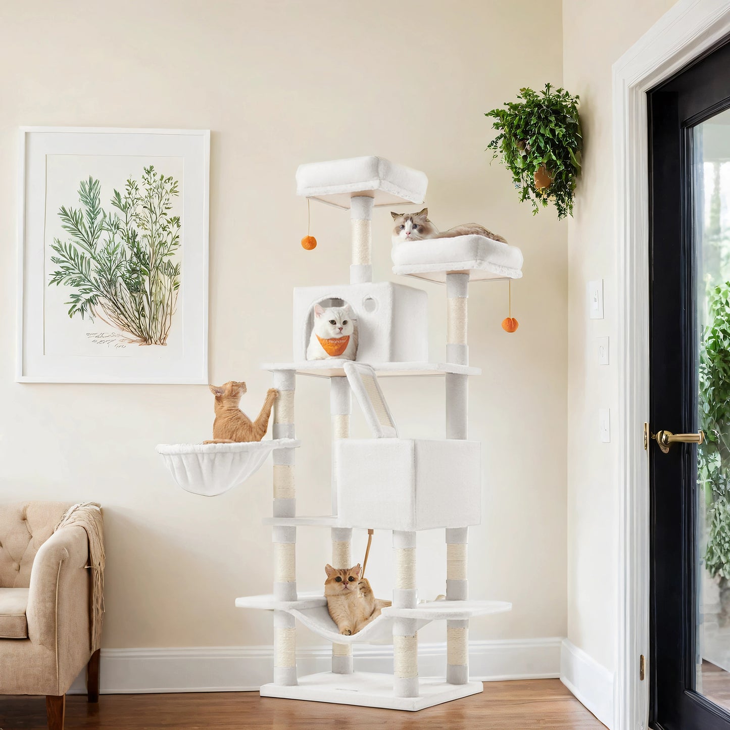 66.1-Inch Multi-Level Cat Tree Tower with 2 Perches, 2 Caves, Hammock & 13 Scratching Posts – Plush Climbing Condo for Indoor Cats, Cream White