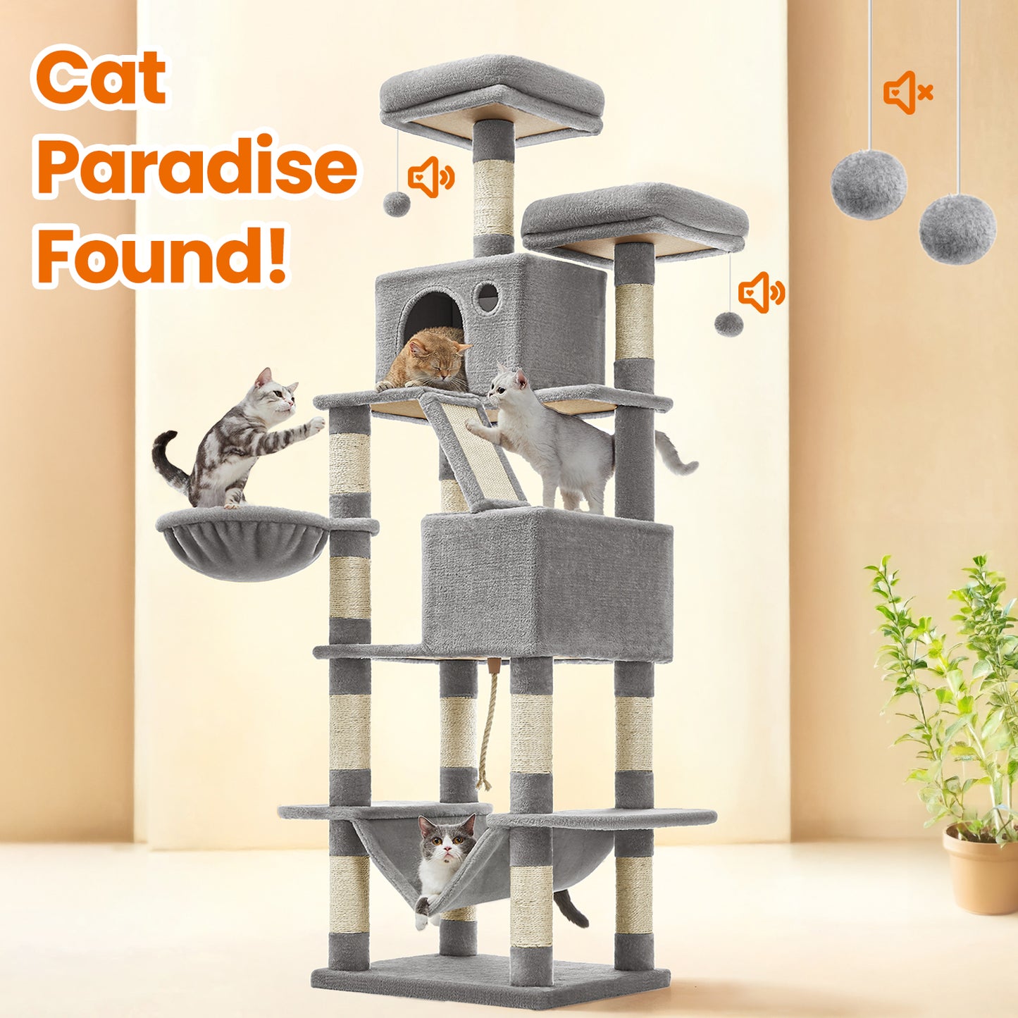 66.1-Inch Multi-Level Cat Tree with 2 Perches, 2 Caves, Hammock & 13 Scratching Posts – Plush Climbing Tower for Indoor Cats, Light Gray