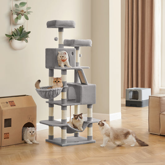 66.1-Inch Multi-Level Cat Tree with 2 Perches, 2 Caves, Hammock & 13 Scratching Posts – Plush Climbing Tower for Indoor Cats, Light Gray