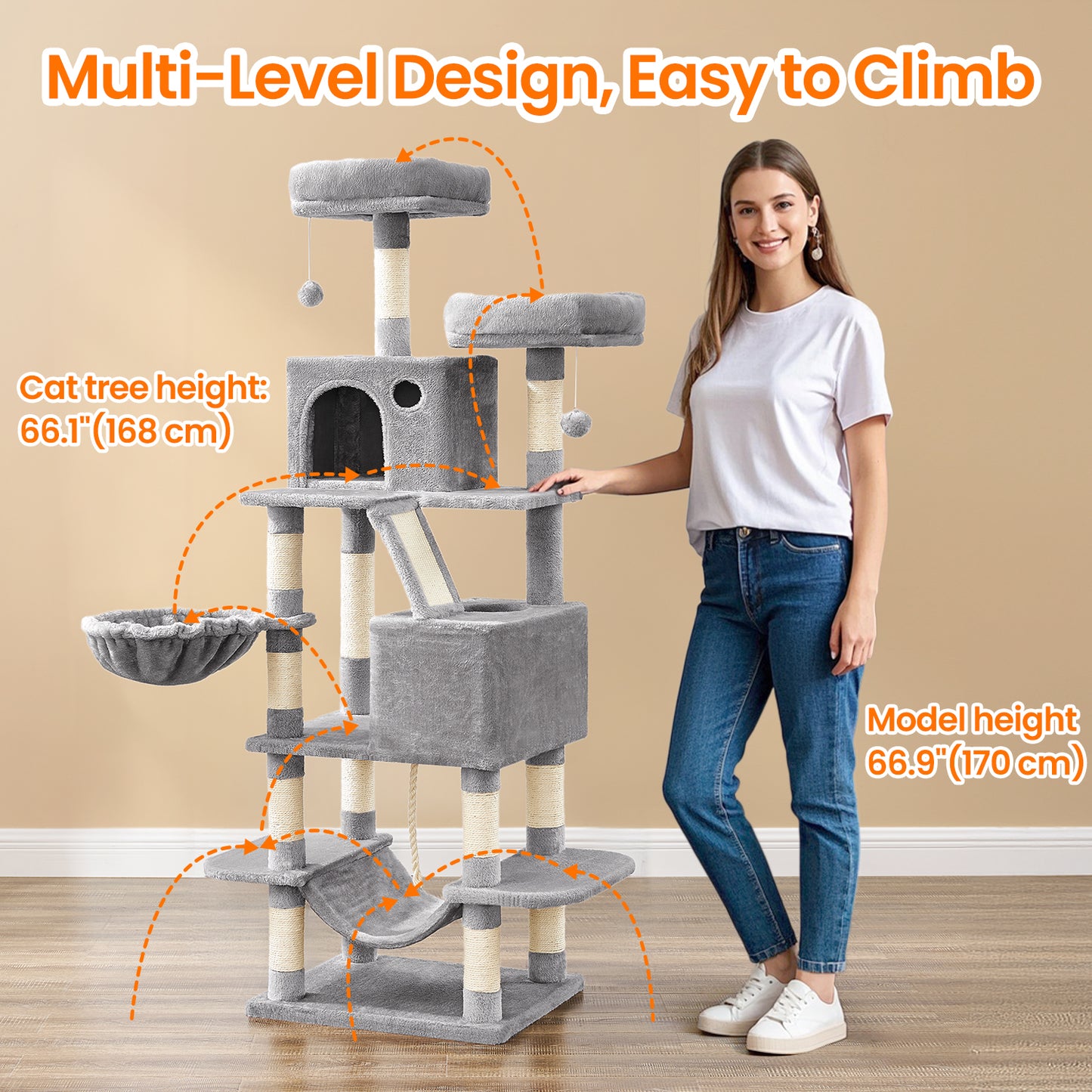 66.1-Inch Multi-Level Cat Tree with 2 Perches, 2 Caves, Hammock & 13 Scratching Posts – Plush Climbing Tower for Indoor Cats, Light Gray