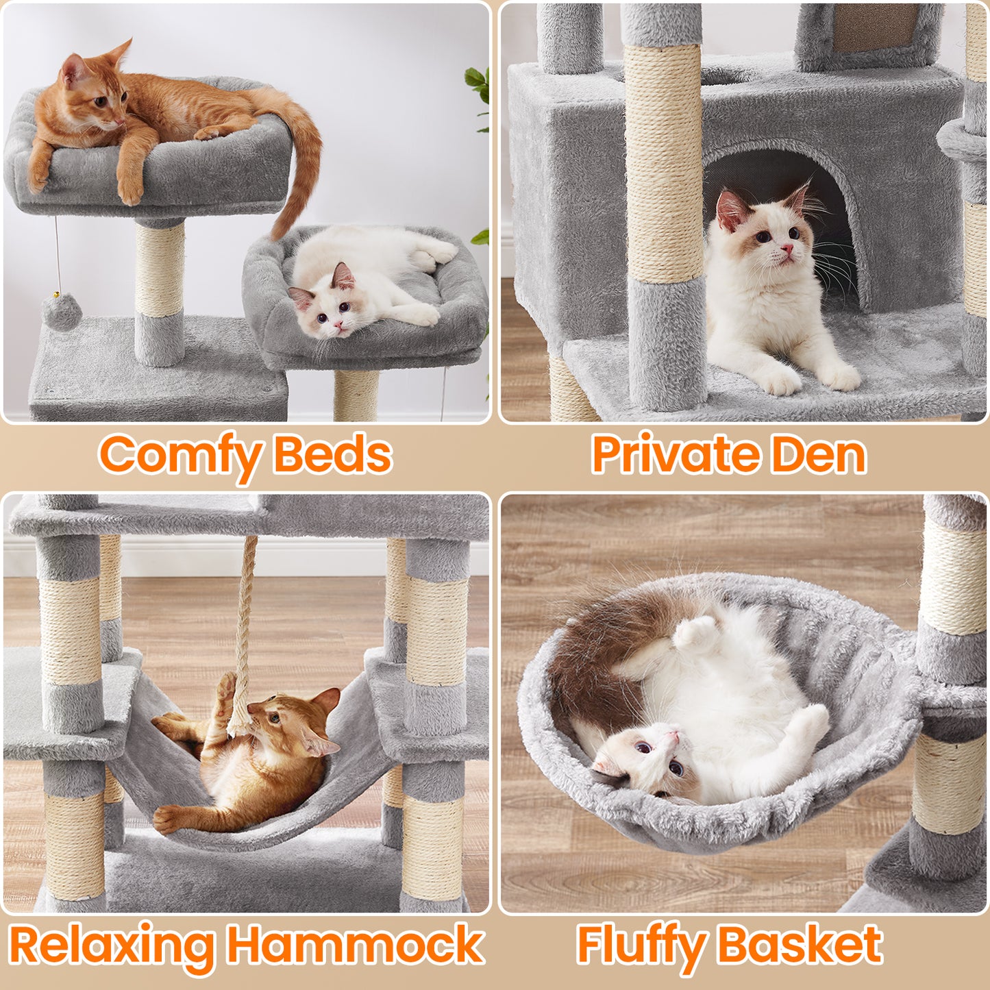 66.1-Inch Multi-Level Cat Tree with 2 Perches, 2 Caves, Hammock & 13 Scratching Posts – Plush Climbing Tower for Indoor Cats, Light Gray