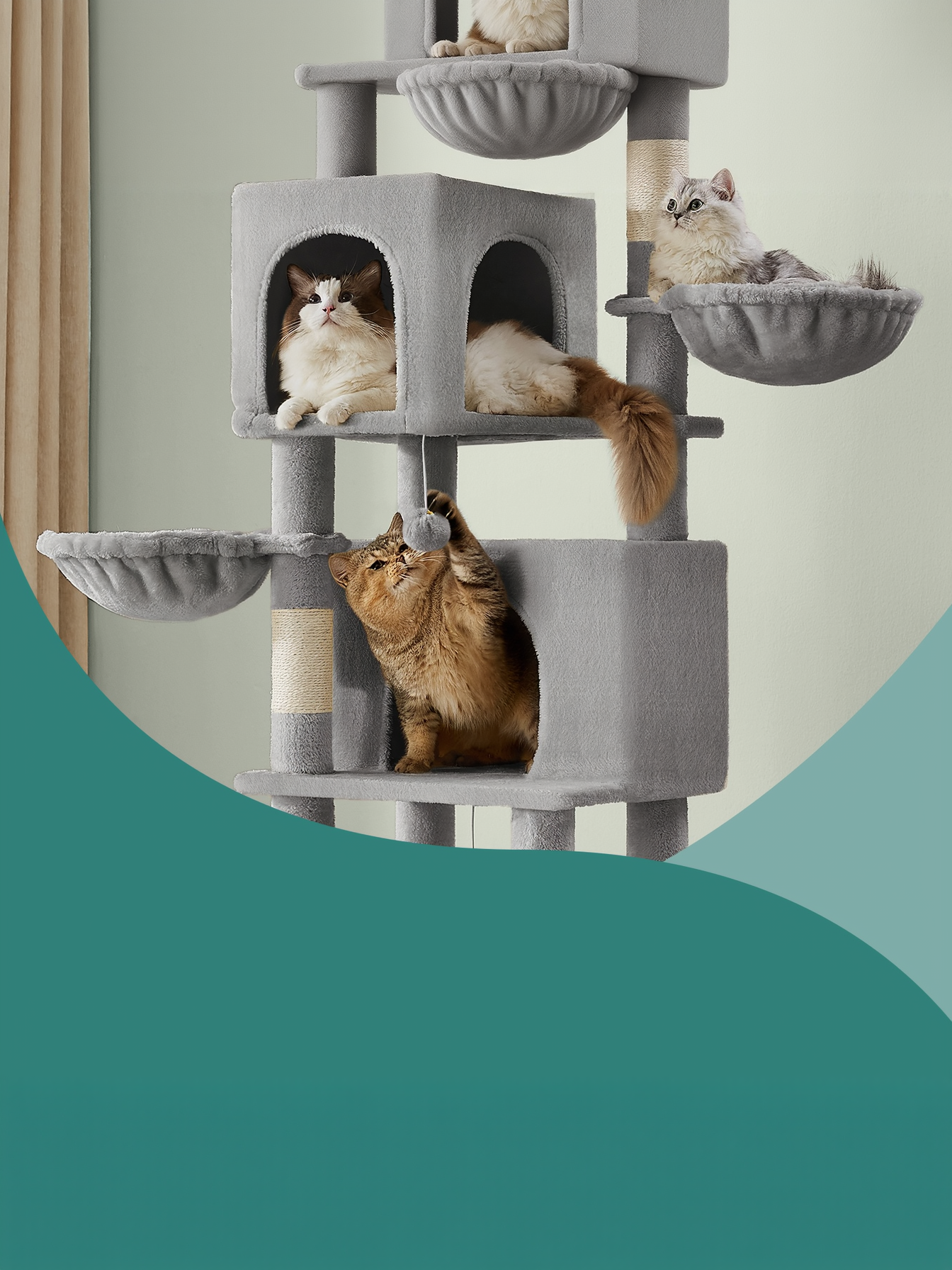 69-Inch Tall Cat Tree with 2 Caves and Hammock, Multi-Level Sisal Post Cat Tower with Plush Fabric and Anti-Tip Kit for Multi-Cat Households