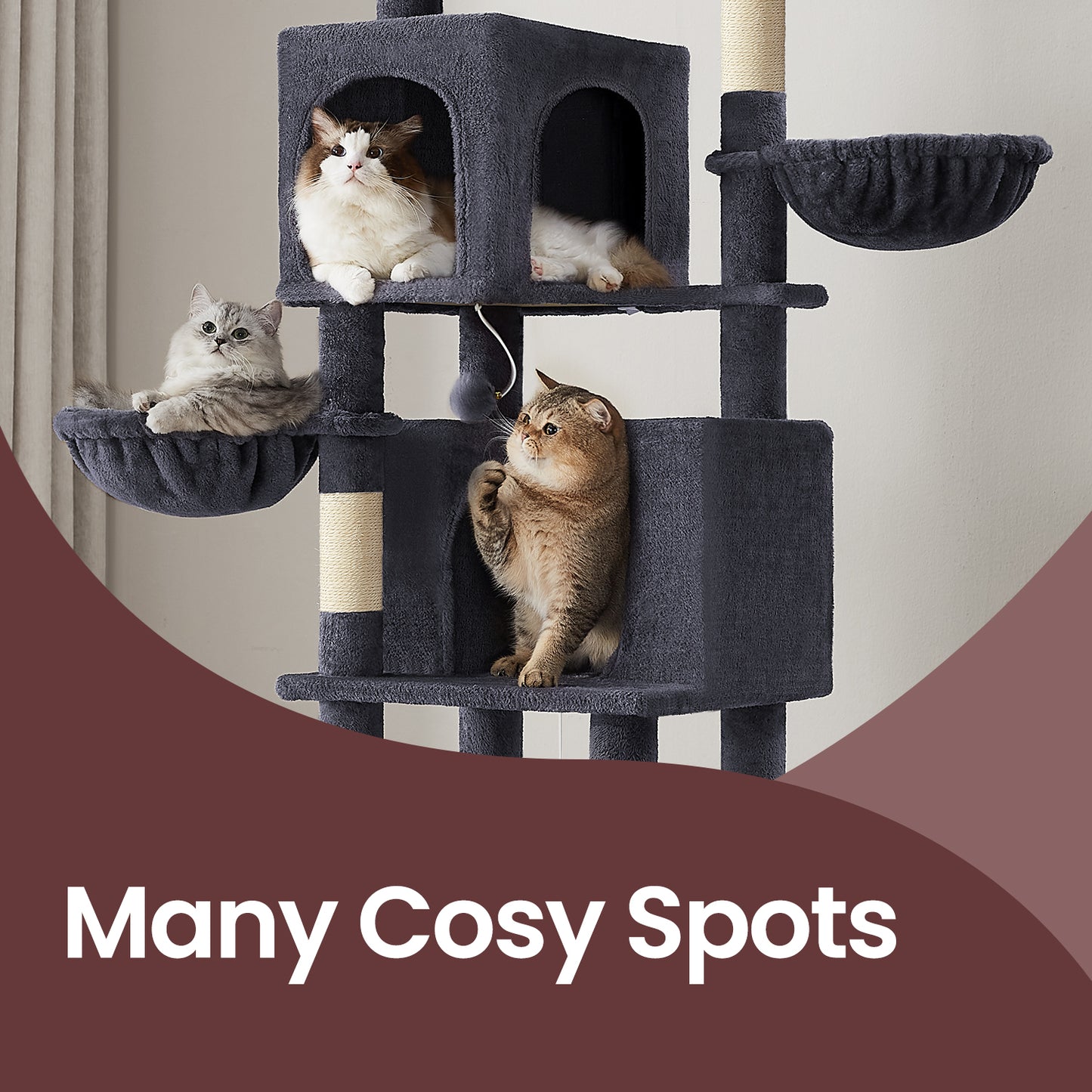 69-Inch Cat Tree for Indoor Cats, Multi-Level Cat Condo with Caves, Baskets, Scratching Posts, Hammock & Perch, Self-Groomer, Dark Gray