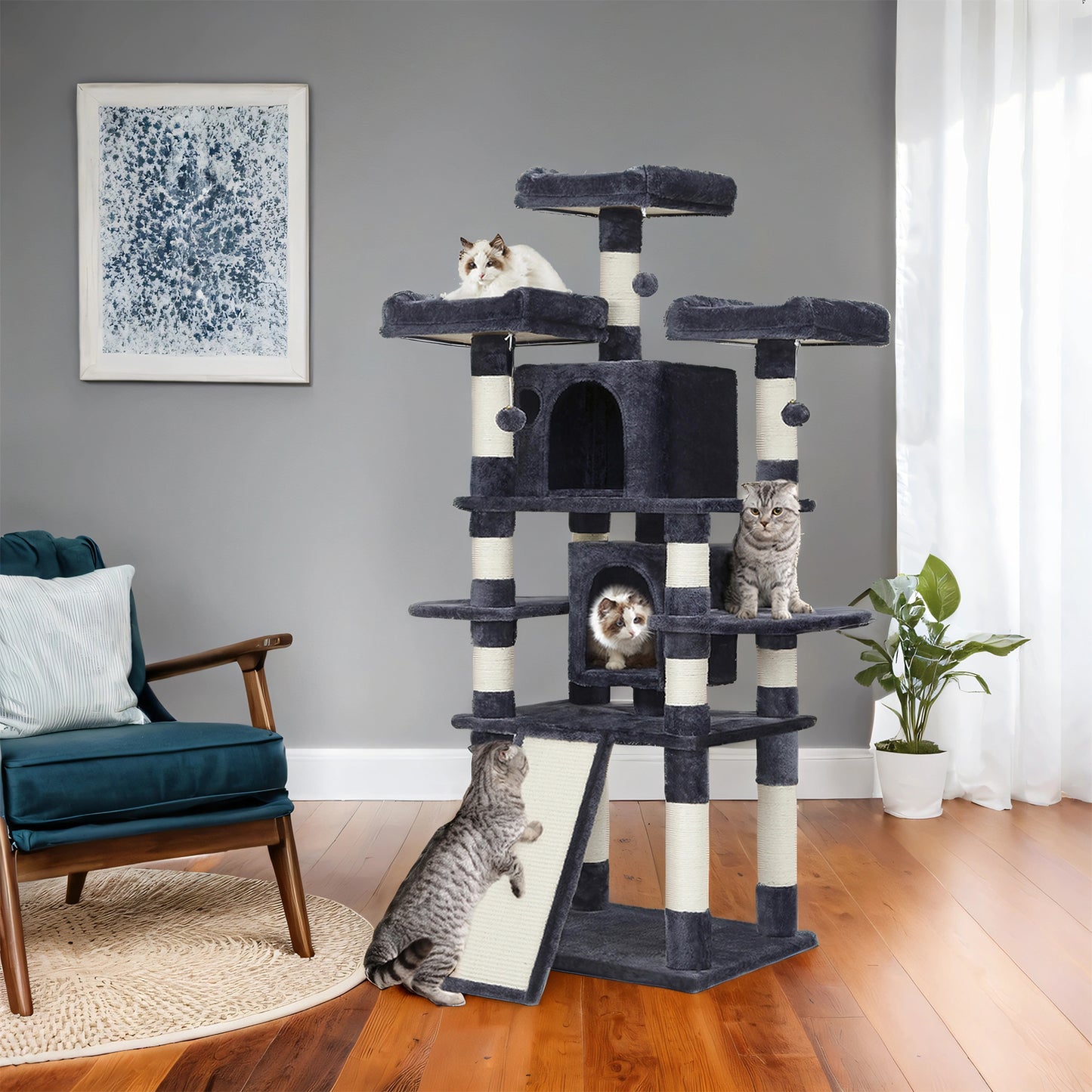 67-Inch Multi-Level Cat Tree for Large Cats - 3 Perches, 2 Caves & Sisal Scratching Posts - Sturdy Cat Tower with Anti-Tip Design, Smoky Gray