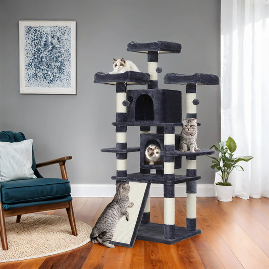 67-Inch Multi-Level Cat Tree for Large Cats - 3 Perches, 2 Caves & Sisal Scratching Posts - Sturdy Cat Tower with Anti-Tip Design, Smoky Gray