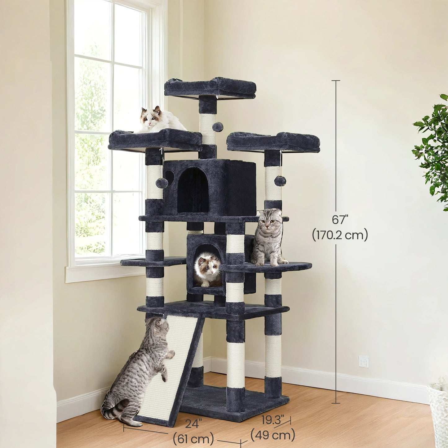67-Inch Multi-Level Cat Tree for Large Cats - 3 Perches, 2 Caves & Sisal Scratching Posts - Sturdy Cat Tower with Anti-Tip Design, Smoky Gray