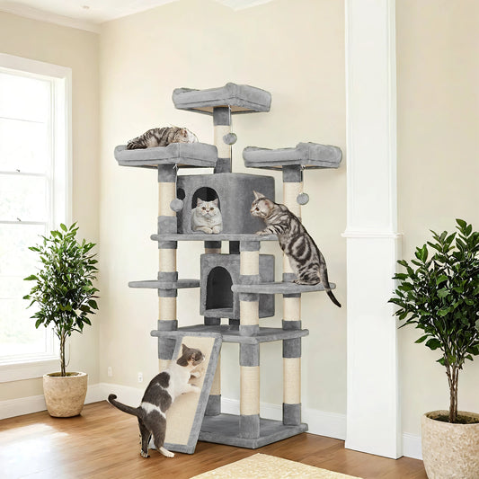 67-Inch Large Cat Tree Tower with 3 Perches, 2 Condos & Sisal Posts - Multi-Level Playground for Adult Cats & Kittens, Anti-Tip Design, Light Gray
