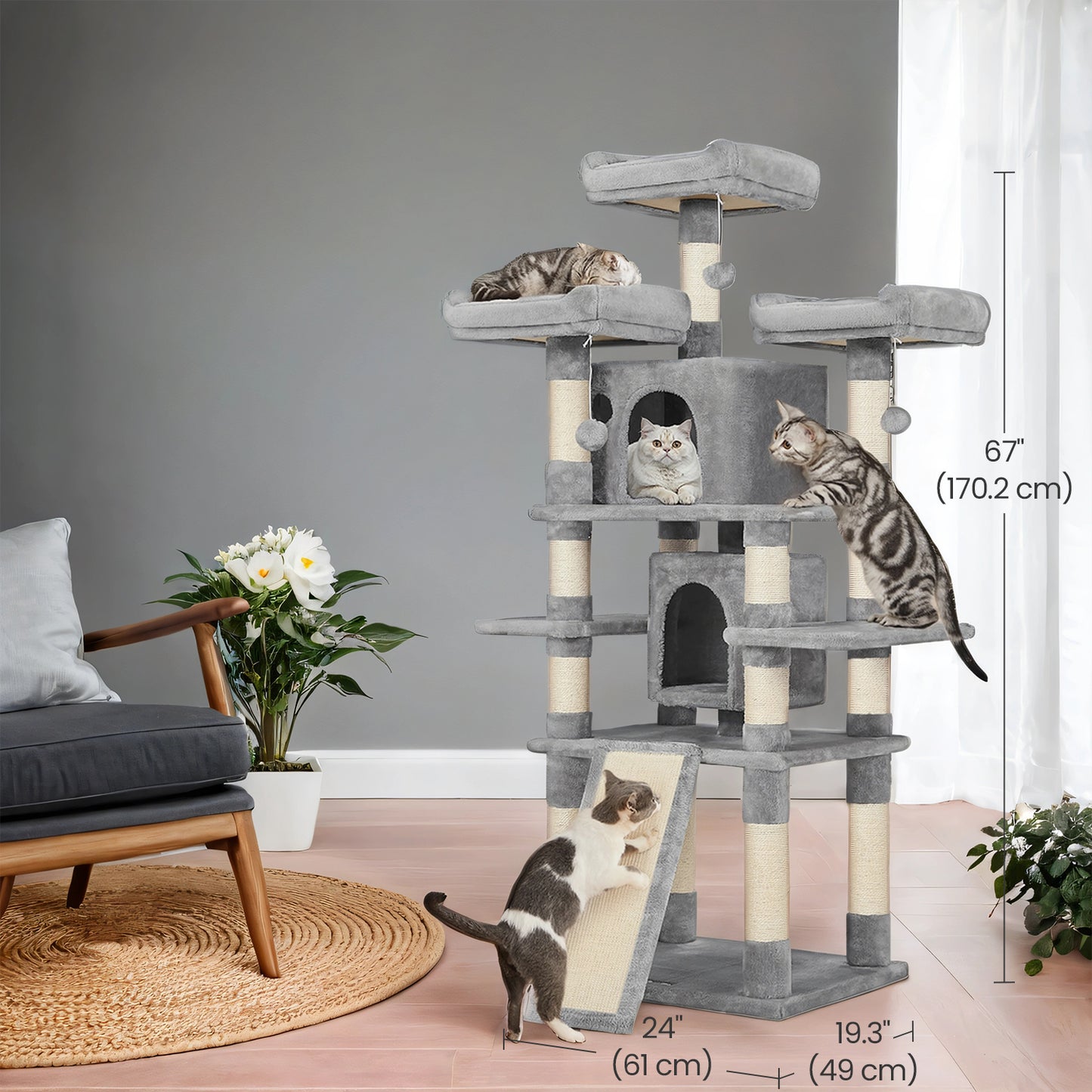 67-Inch Large Cat Tree Tower with 3 Perches, 2 Condos & Sisal Posts - Multi-Level Playground for Adult Cats & Kittens, Anti-Tip Design, Light Gray