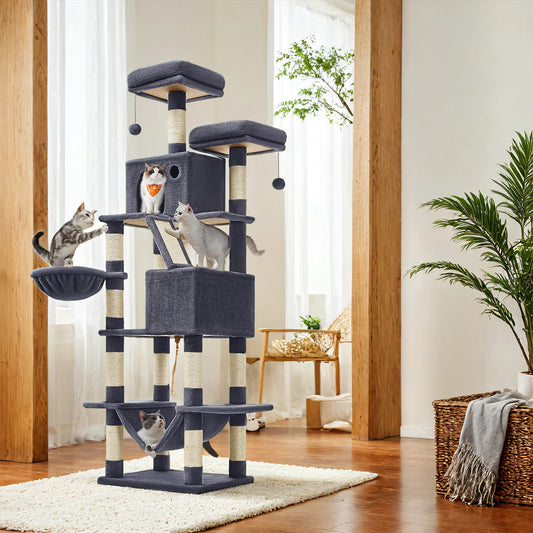 81.1-Inch Multi-Level Cat Tree Tower with 13 Scratching Posts, 2 Perches & Hammock - Plush Cat Condo for Large Cats, Anti-Tip Design, Smoky Gray