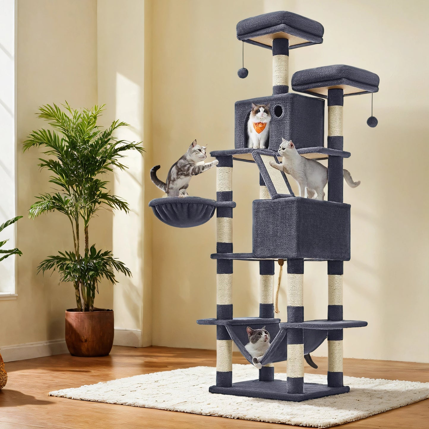 81.1-Inch Multi-Level Cat Tree Tower with 13 Scratching Posts, 2 Perches & Hammock - Plush Cat Condo for Large Cats, Anti-Tip Design, Smoky Gray
