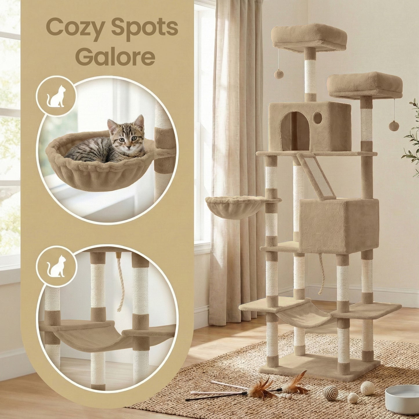 81.1-Inch Large Cat Tree Tower, Multi-Level Cat Condo with 13 Scratching Posts, 2 Perches, 2 Caves, Hammock & Basket, Camel Brown