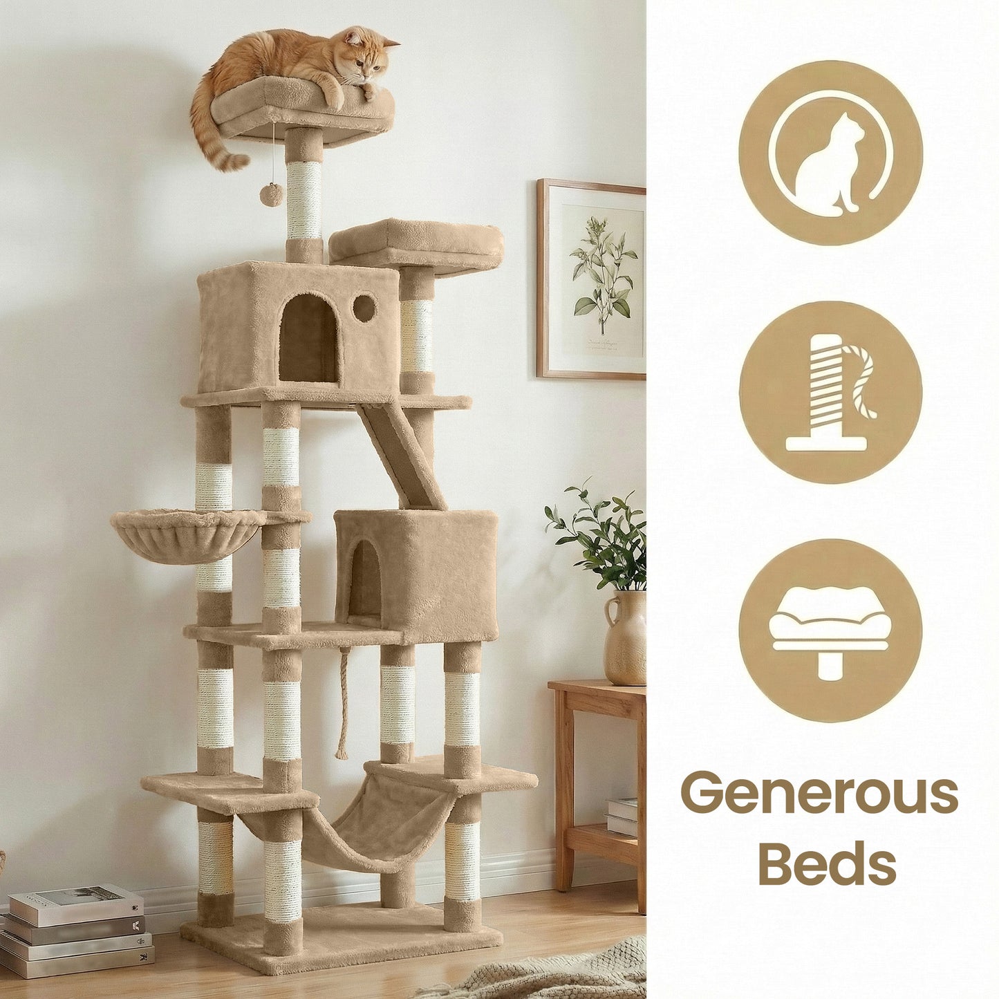 81.1-Inch Large Cat Tree Tower, Multi-Level Cat Condo with 13 Scratching Posts, 2 Perches, 2 Caves, Hammock & Basket, Camel Brown