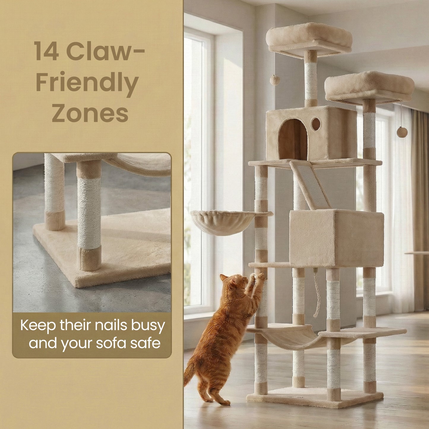 81.1-Inch Large Cat Tree Tower, Multi-Level Cat Condo with 13 Scratching Posts, 2 Perches, 2 Caves, Hammock & Basket, Camel Brown