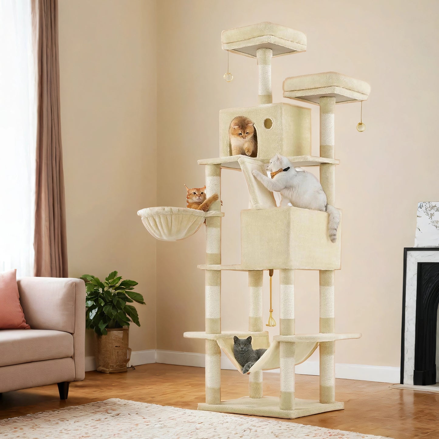 81.1-Inch Cat Tree Tower with 13 Scratching Posts & Hammock - Multi-Level Cat Condo with 2 Perches & Caves for Large Cats, Beige
