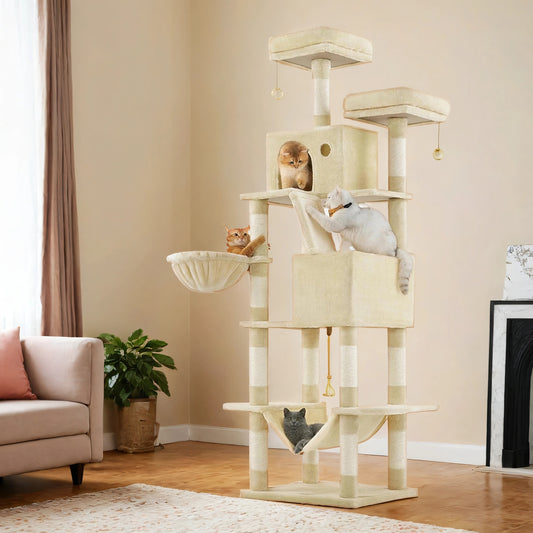 81.1-Inch Cat Tree Tower with 13 Scratching Posts & Hammock - Multi-Level Cat Condo with 2 Perches & Caves for Large Cats, Beige