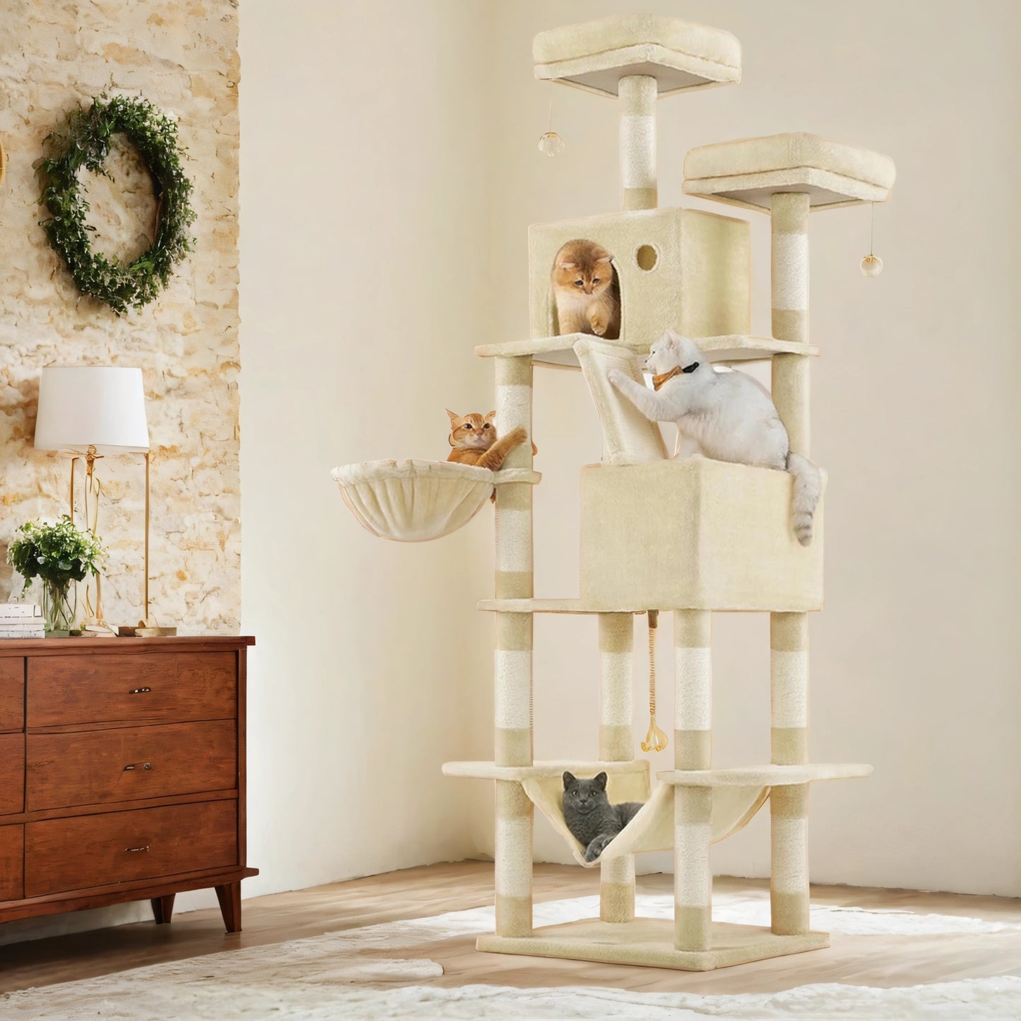 81.1-Inch Cat Tree Tower with 13 Scratching Posts & Hammock - Multi-Level Cat Condo with 2 Perches & Caves for Large Cats, Beige