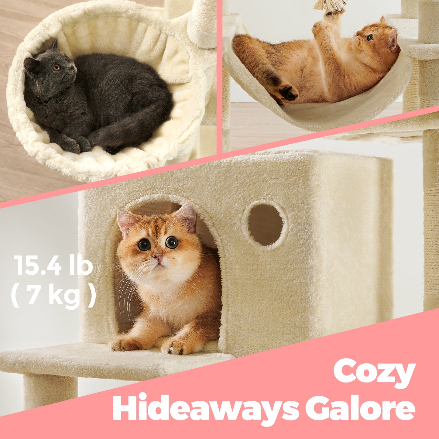 81.1-Inch Cat Tree Tower with 13 Scratching Posts & Hammock - Multi-Level Cat Condo with 2 Perches & Caves for Large Cats, Beige