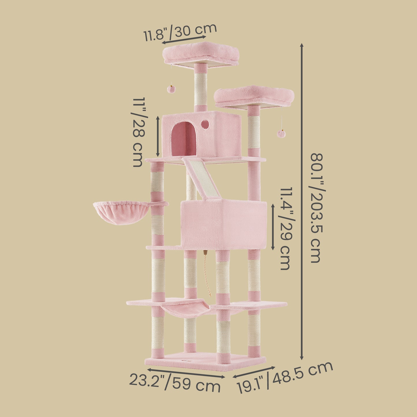 81.1-Inch Large Cat Tree Tower, Multi-Level Cat Condo with 13 Scratching Posts, 2 Perches, 2 Caves, Hammock & Basket, Jelly Pink