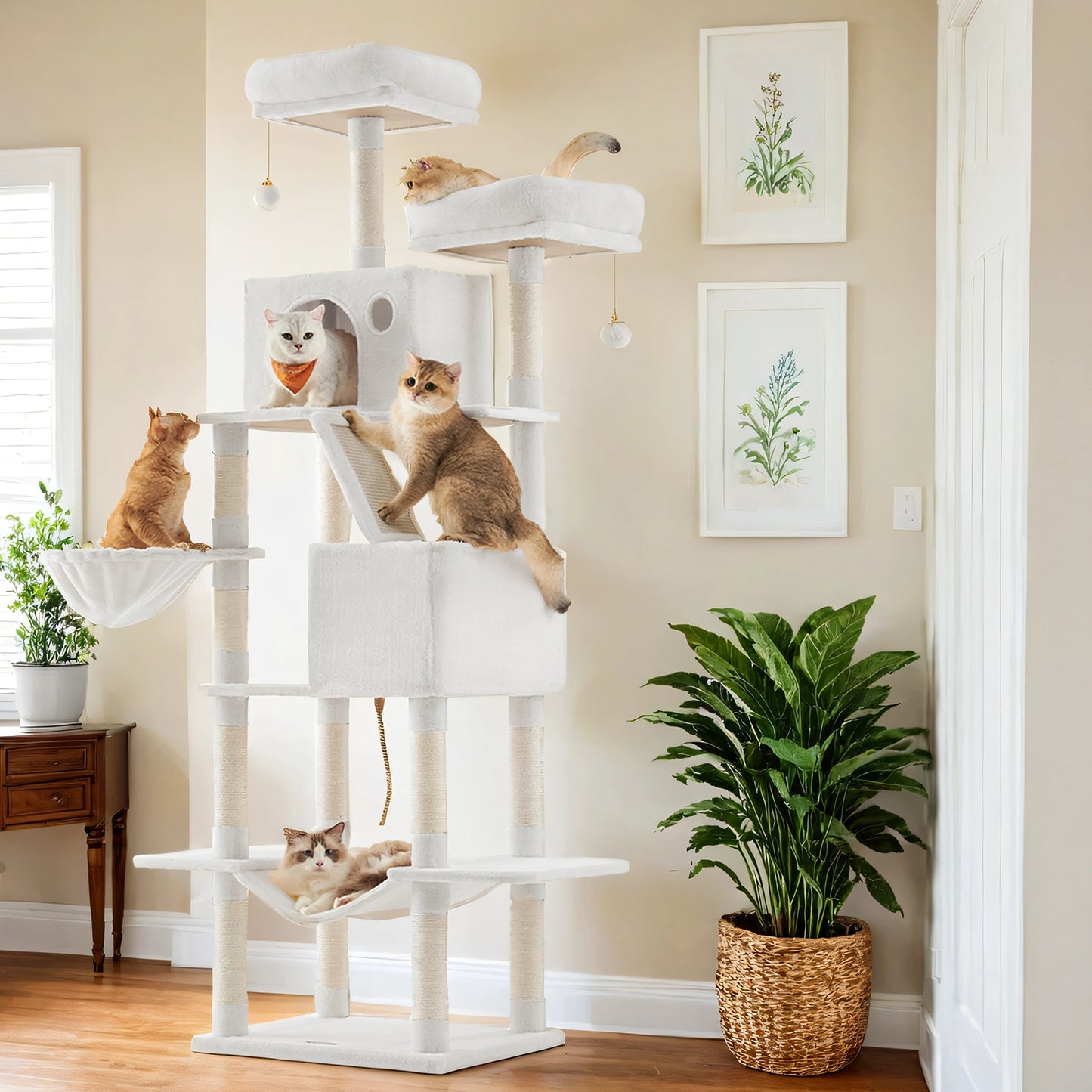81.1-Inch Multi-Level Cat Tree with 13 Scratching Posts & Hammock - Large Cat Tower with 2 Perches & Caves, Cream White