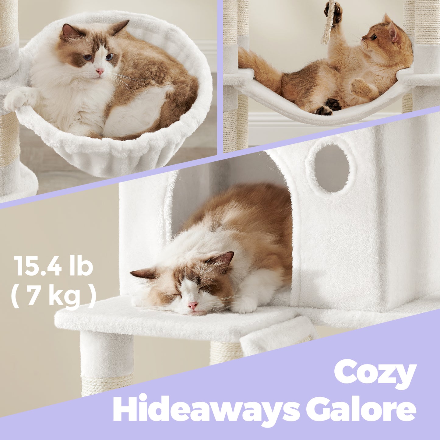 81.1-Inch Multi-Level Cat Tree with 13 Scratching Posts & Hammock - Large Cat Tower with 2 Perches & Caves, Cream White