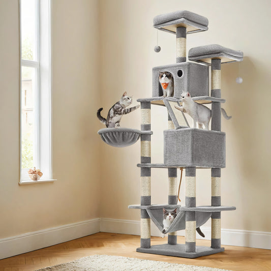 81.1-Inch Multi-Level Cat Tree with 13 Scratching Posts, 2 Perches & Hammock - Large Cat Tower for Indoor Cats, Light Gray