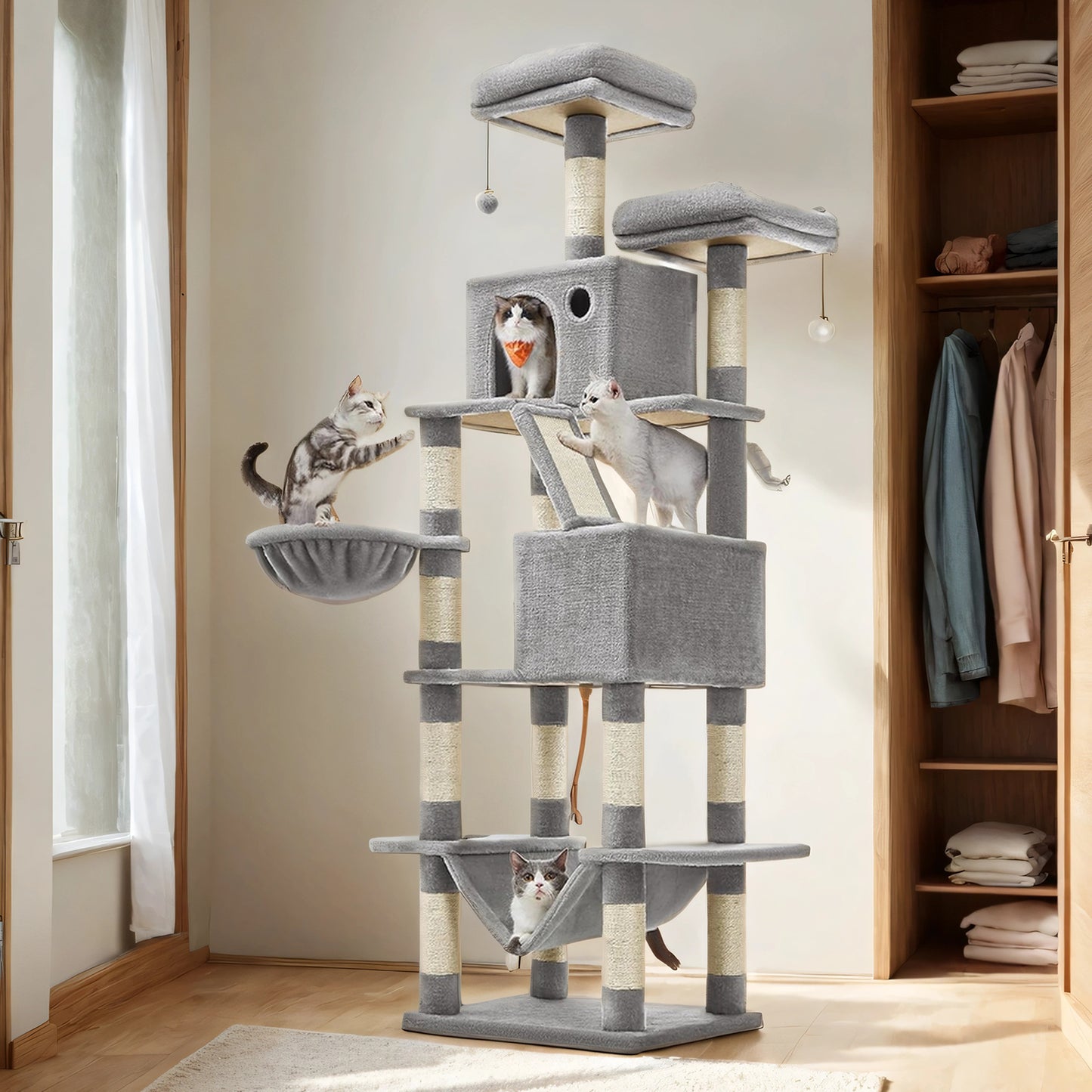 81.1-Inch Multi-Level Cat Tree with 13 Scratching Posts, 2 Perches & Hammock - Large Cat Tower for Indoor Cats, Light Gray