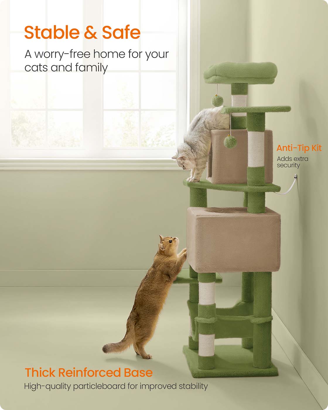 Cat Tree, 61-Inch Indoor Cat Tower with Multi-Level Condo, 5 Scratching Posts, 2 Perches, 2 Caves, Hammock, Pompoms, Beige