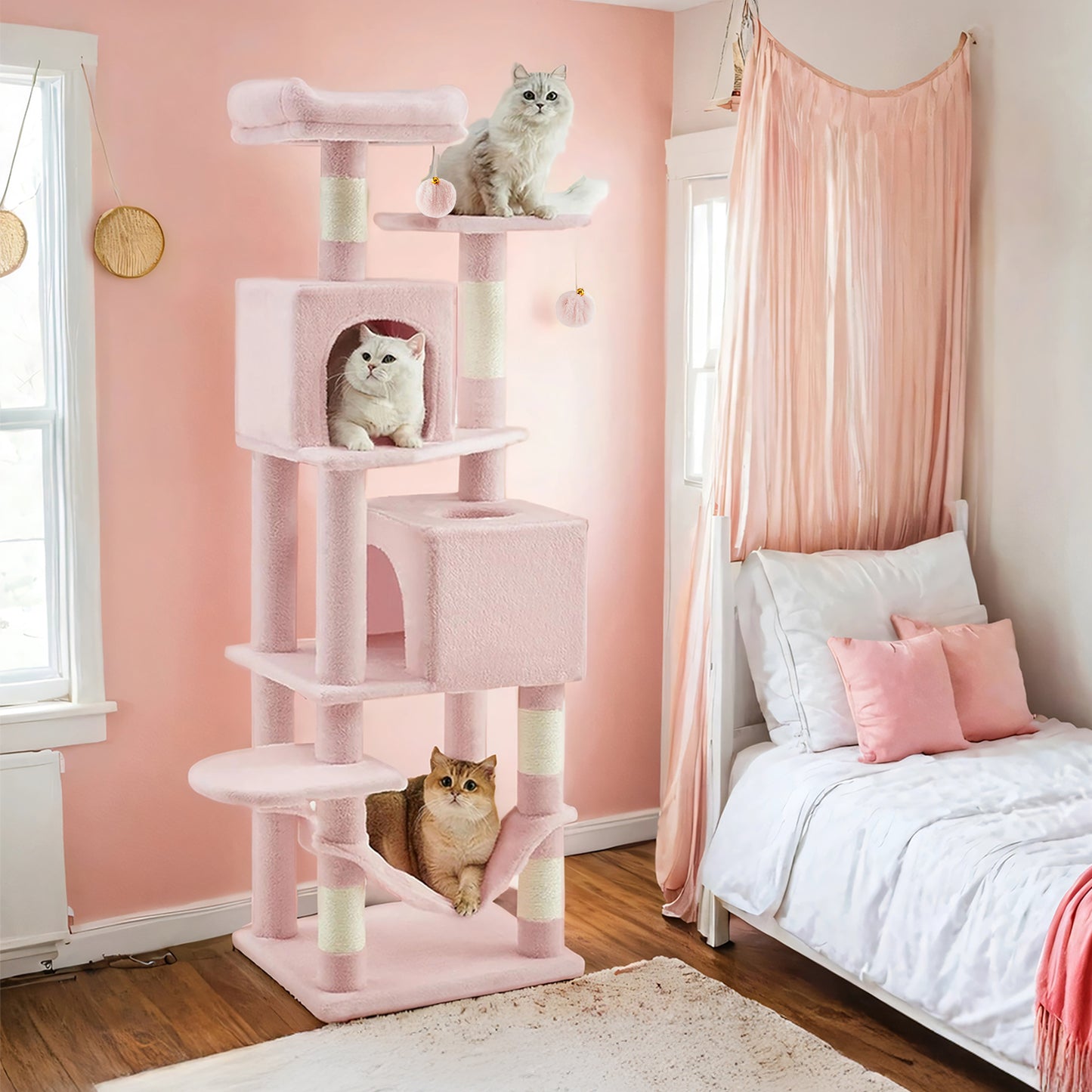 Cat Tree, 61-Inch Cat Tower for Indoor Cats, Multi-Level Cat Condo with 5 Scratching Posts, 2 Perches & 2 Caves, Plush with Hammock, Jelly Pink