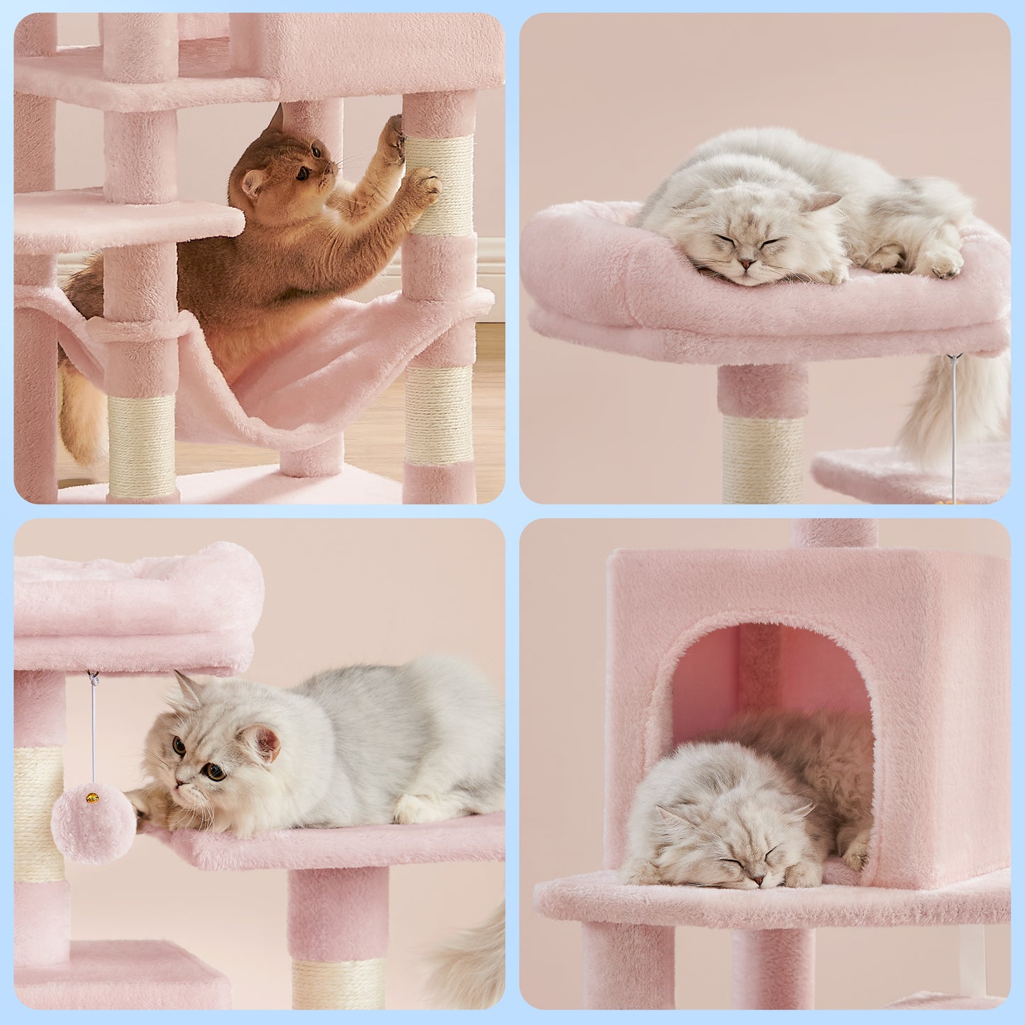 Cat Tree, 61-Inch Cat Tower for Indoor Cats, Multi-Level Cat Condo with 5 Scratching Posts, 2 Perches & 2 Caves, Plush with Hammock, Jelly Pink