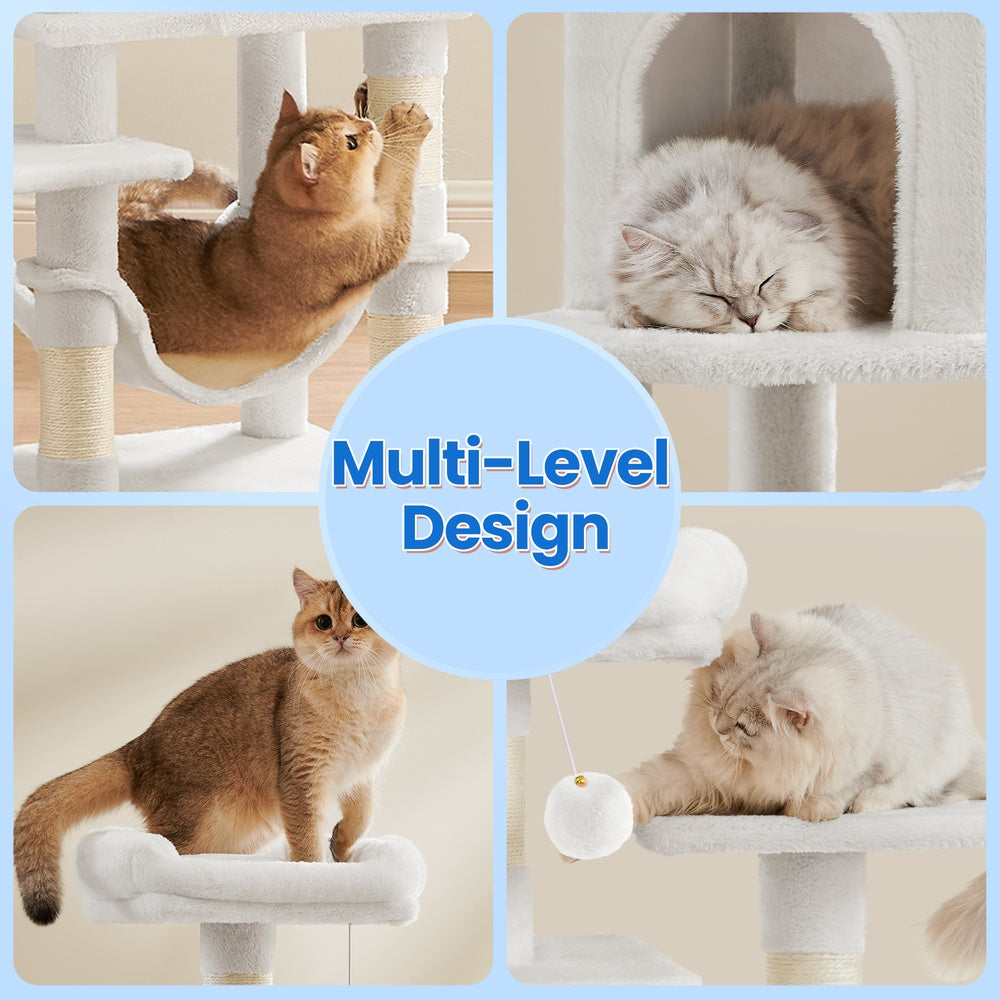 Cat Tree, 61-Inch Cat Tower for Indoor Cats, Multi-Level Cat Condo with 5 Scratching Posts, 2 Perches & 3 Caves, Plush with Hammock, Cream White