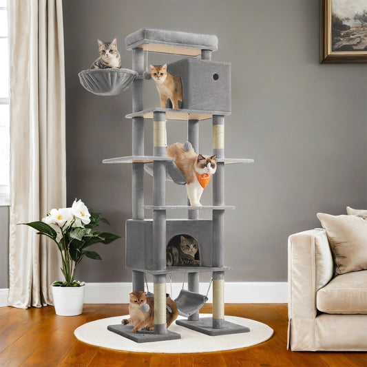 79.1-Inch Multi-Level Cat Tree with 4 Scratching Posts & 2 Hammocks - Large Cat Condo with Anti-Tip Kit, Light Gray