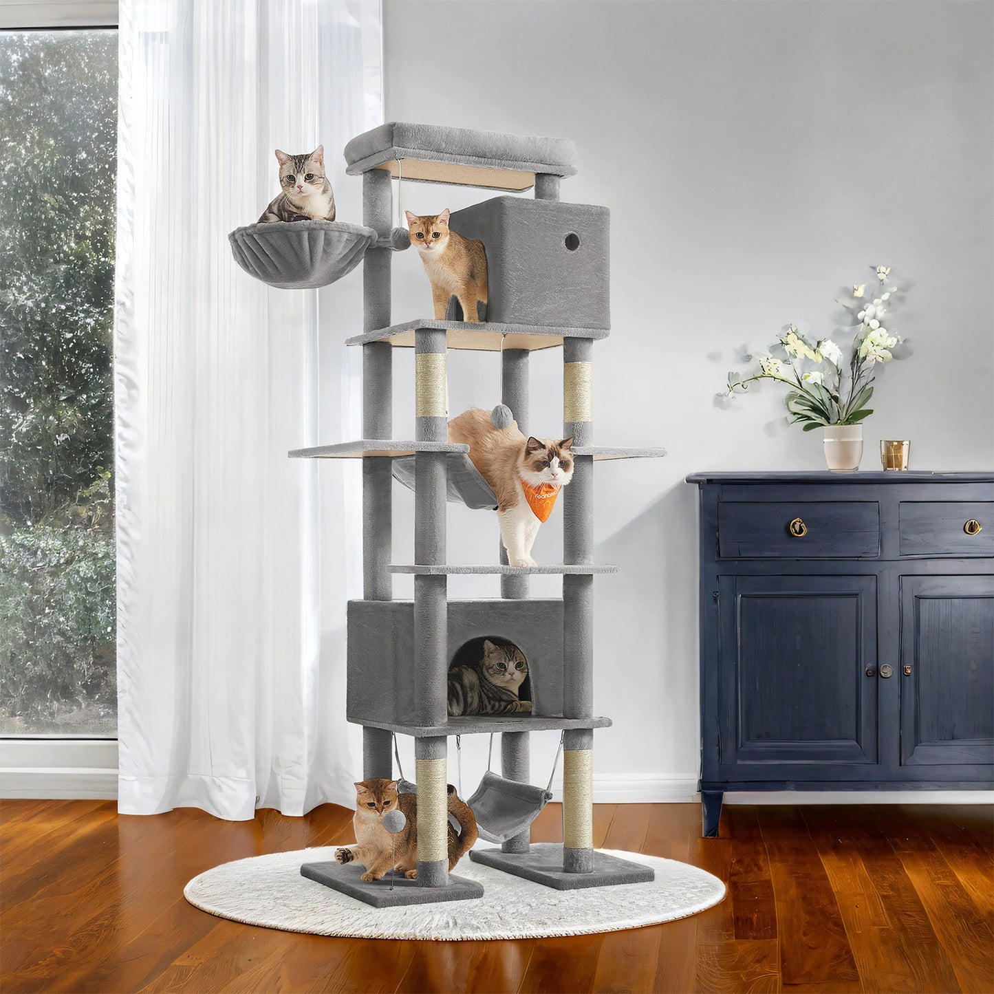 79.1-Inch Multi-Level Cat Tree with 4 Scratching Posts & 2 Hammocks - Large Cat Condo with Anti-Tip Kit, Light Gray