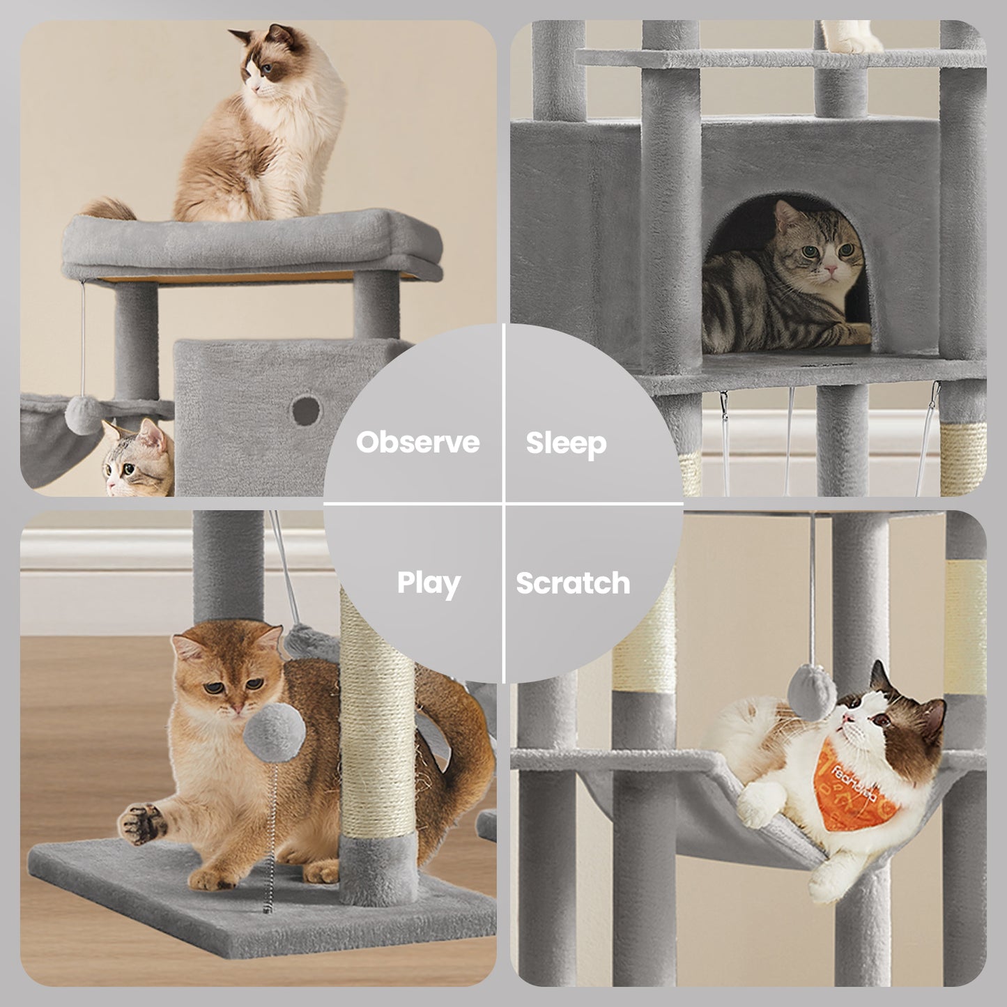 79.1-Inch Multi-Level Cat Tree with 4 Scratching Posts & 2 Hammocks - Large Cat Condo with Anti-Tip Kit, Light Gray