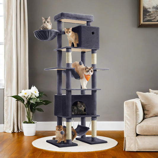 79.1-Inch Multi-Level Cat Tree with 4 Scratching Posts & 2 Hammocks - Large Cat Condo with Anti-Tip Kit, Dark Gray