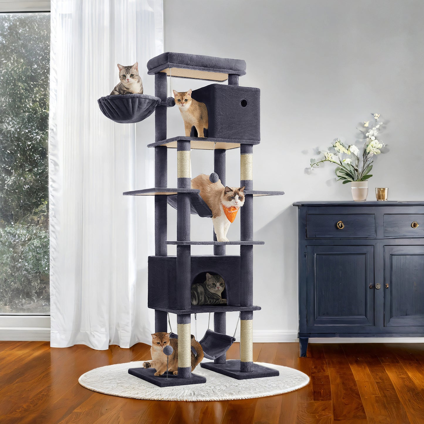 79.1-Inch Multi-Level Cat Tree with 4 Scratching Posts & 2 Hammocks - Large Cat Condo with Anti-Tip Kit, Dark Gray