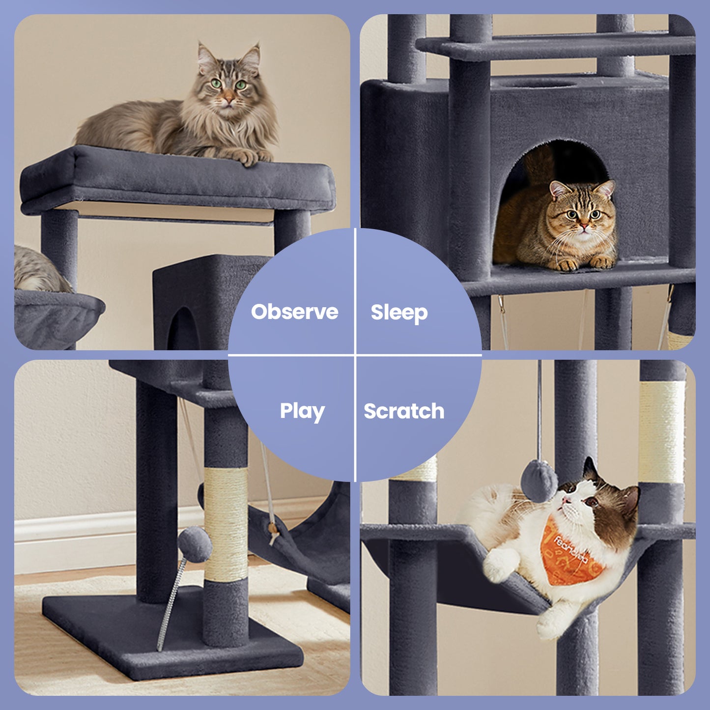 79.1-Inch Multi-Level Cat Tree with 4 Scratching Posts & 2 Hammocks - Large Cat Condo with Anti-Tip Kit, Dark Gray