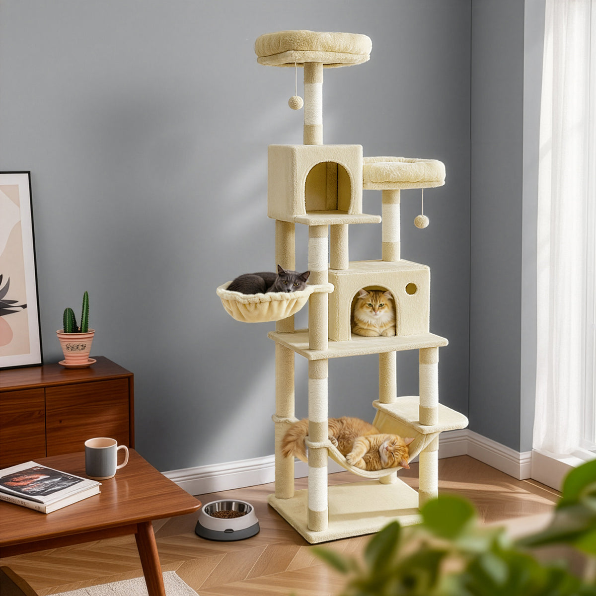 Multi-Level Cat Tower with Hammock & Spacious Cave, 2 Observation Deck ...