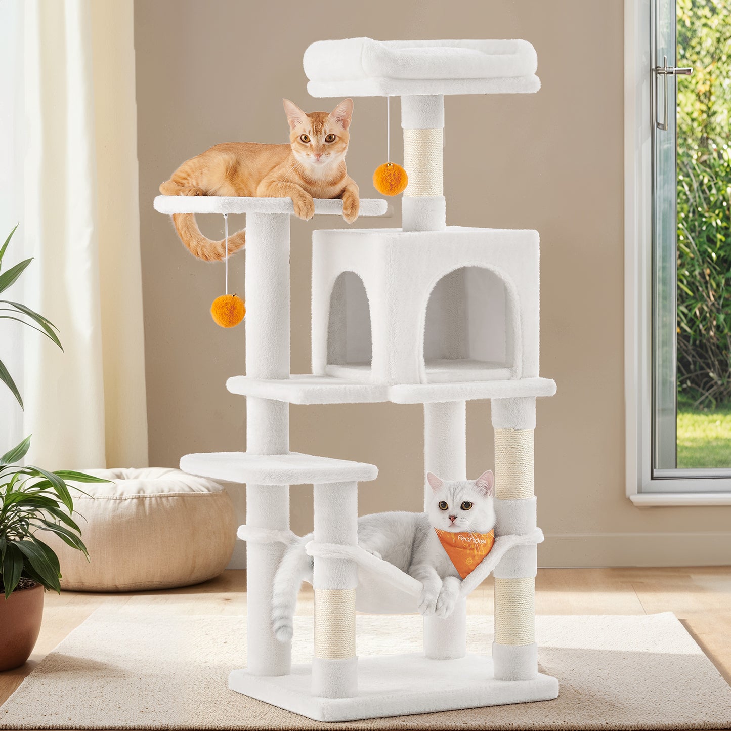 44.1-Inch Multi-Level Cat Tree with 4 Scratching Posts & Hammock - Cat Tower with 2 Perches & Cave for Indoor Cats, Cream White