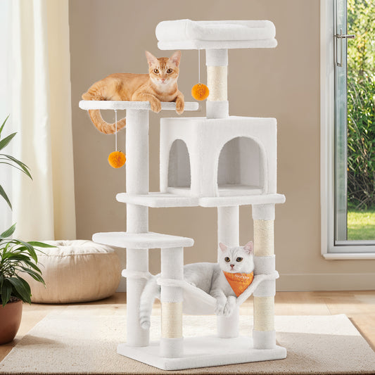 44.1-Inch Multi-Level Cat Tree with 4 Scratching Posts & Hammock - Cat Tower with 2 Perches & Cave for Indoor Cats, Cream White