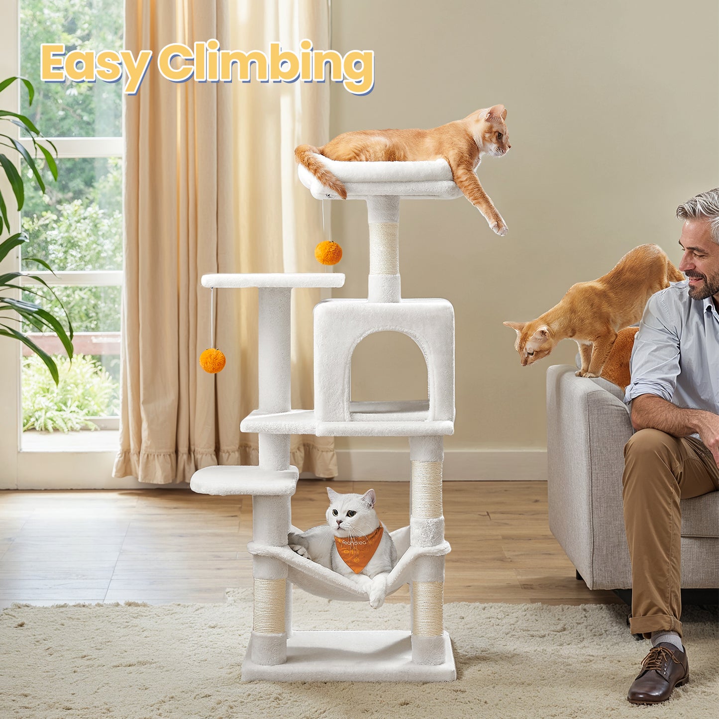 44.1-Inch Multi-Level Cat Tree with 4 Scratching Posts & Hammock - Cat Tower with 2 Perches & Cave for Indoor Cats, Cream White