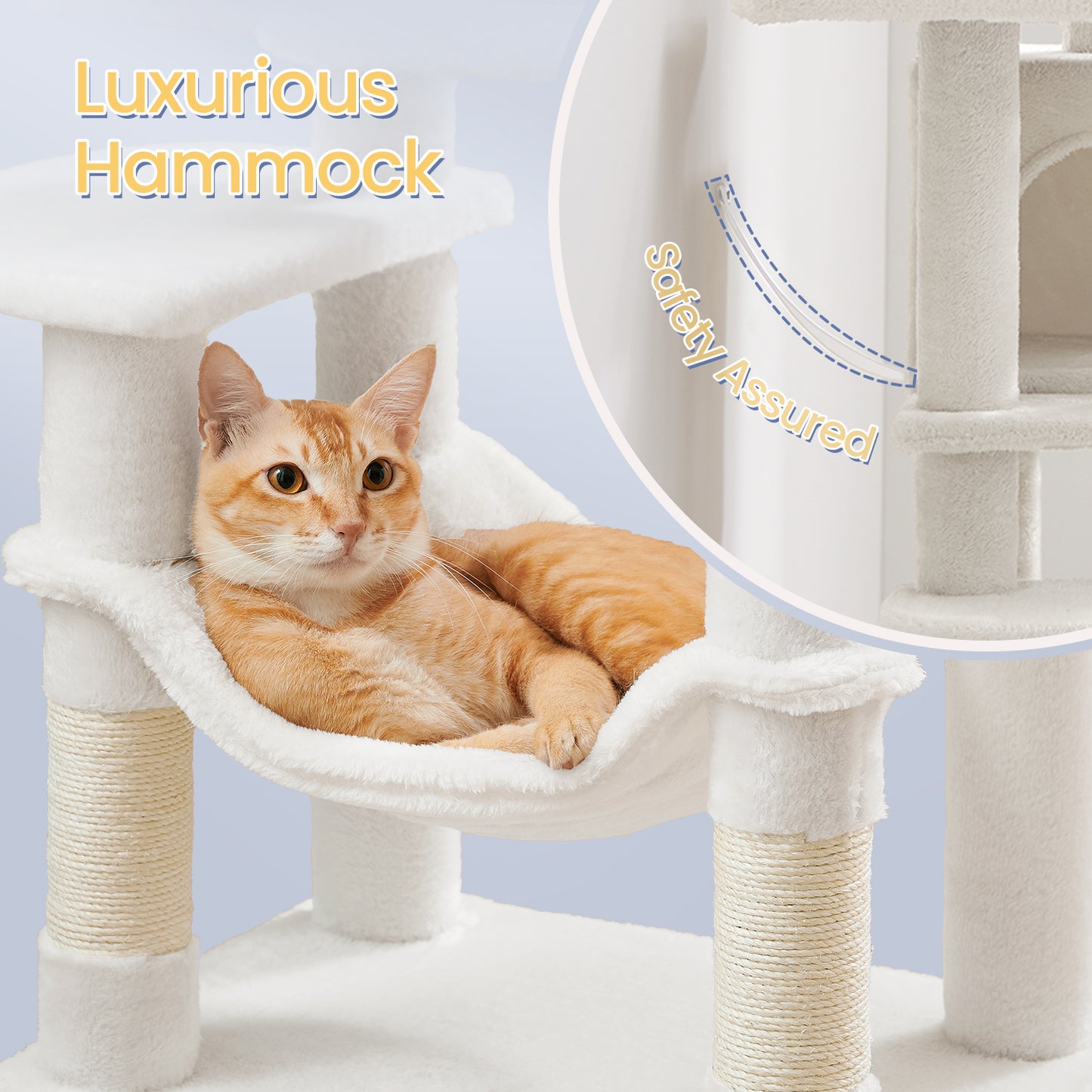 44.1-Inch Multi-Level Cat Tree with 4 Scratching Posts & Hammock - Cat Tower with 2 Perches & Cave for Indoor Cats, Cream White