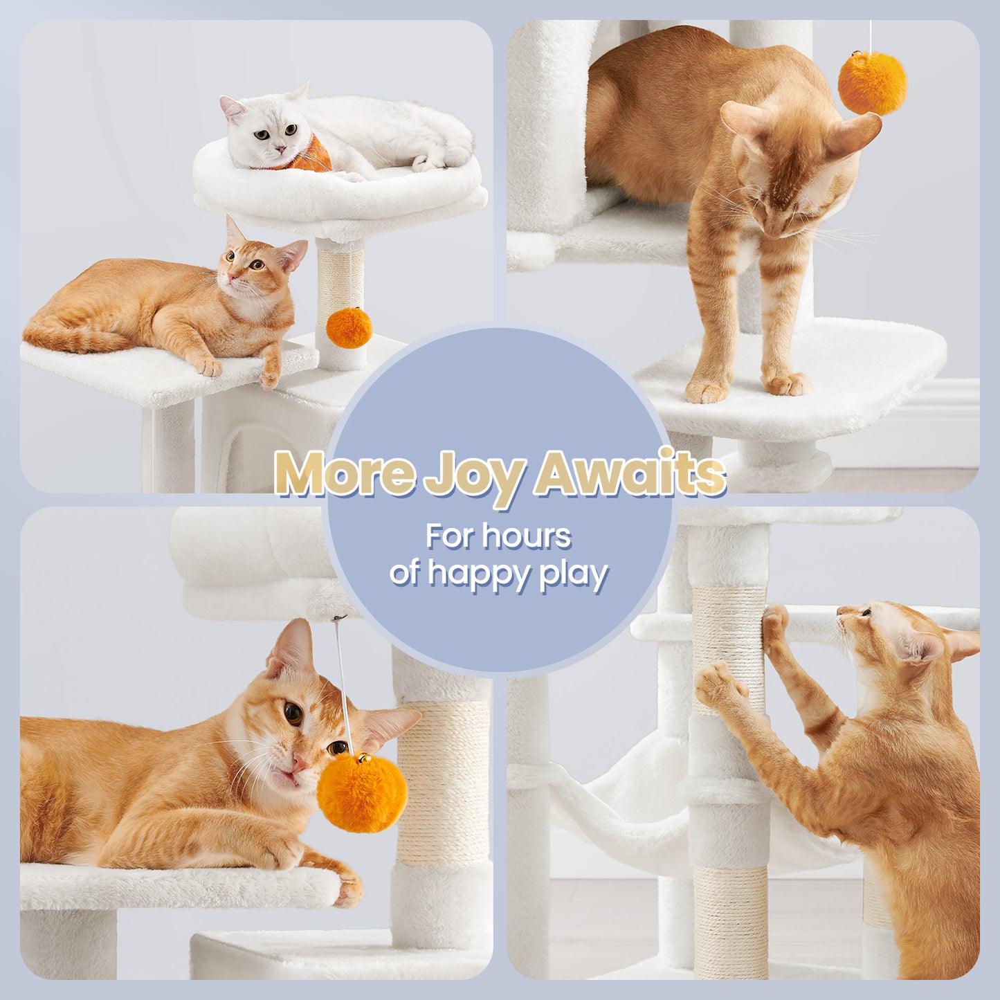 44.1-Inch Multi-Level Cat Tree with 4 Scratching Posts & Hammock - Cat Tower with 2 Perches & Cave for Indoor Cats, Cream White