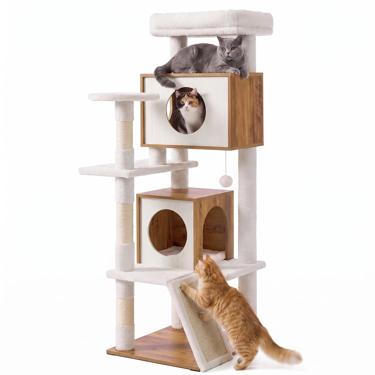LEDREM Wood Cat Tree, 5-Tier Cat Tower with Scratching Post and 2 Condos, 53.9 Inches, Tan and White