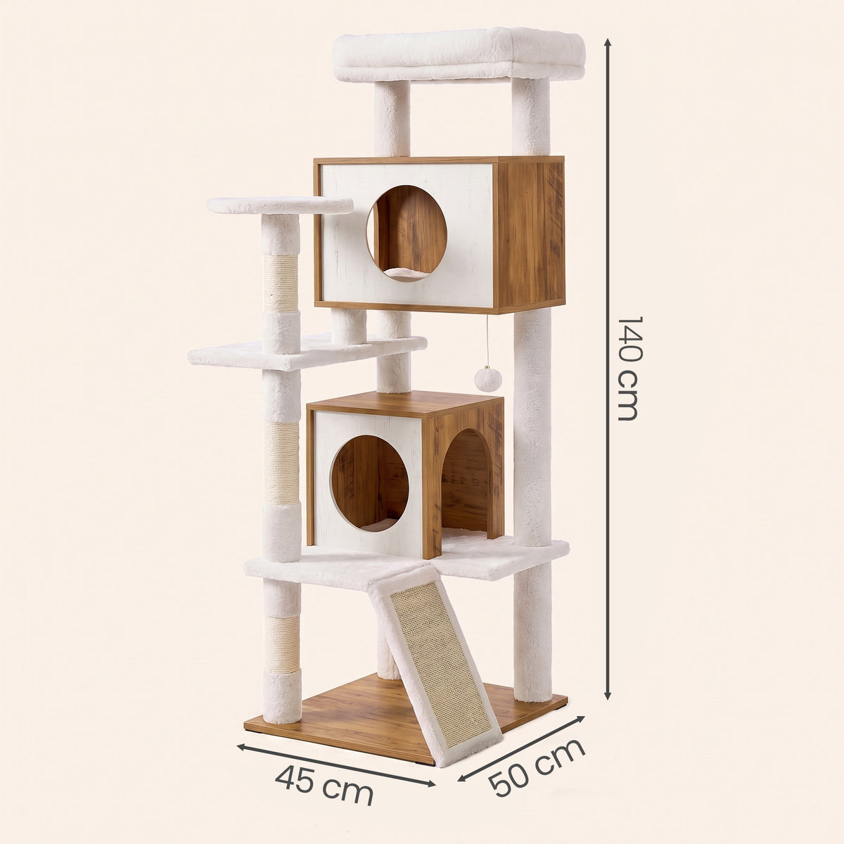 LEDREM Wood Cat Tree, 5-Tier Cat Tower with Scratching Post and 2 Condos, 53.9 Inches, Tan and White