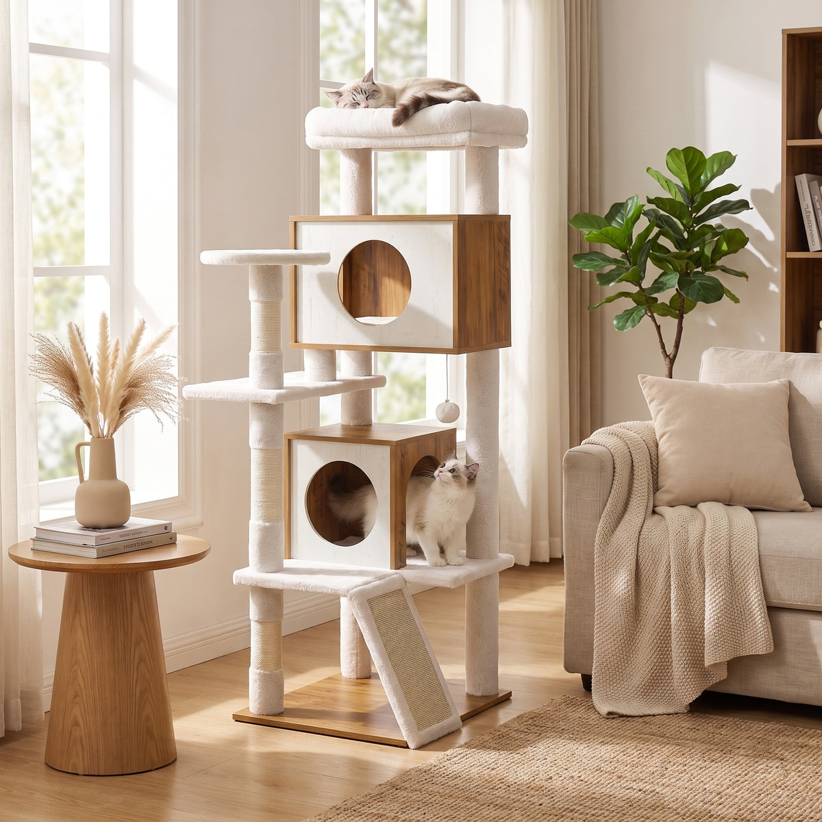 LEDREM Wood Cat Tree, 5-Tier Cat Tower with Scratching Post and 2 Condos, 53.9 Inches, Tan and White